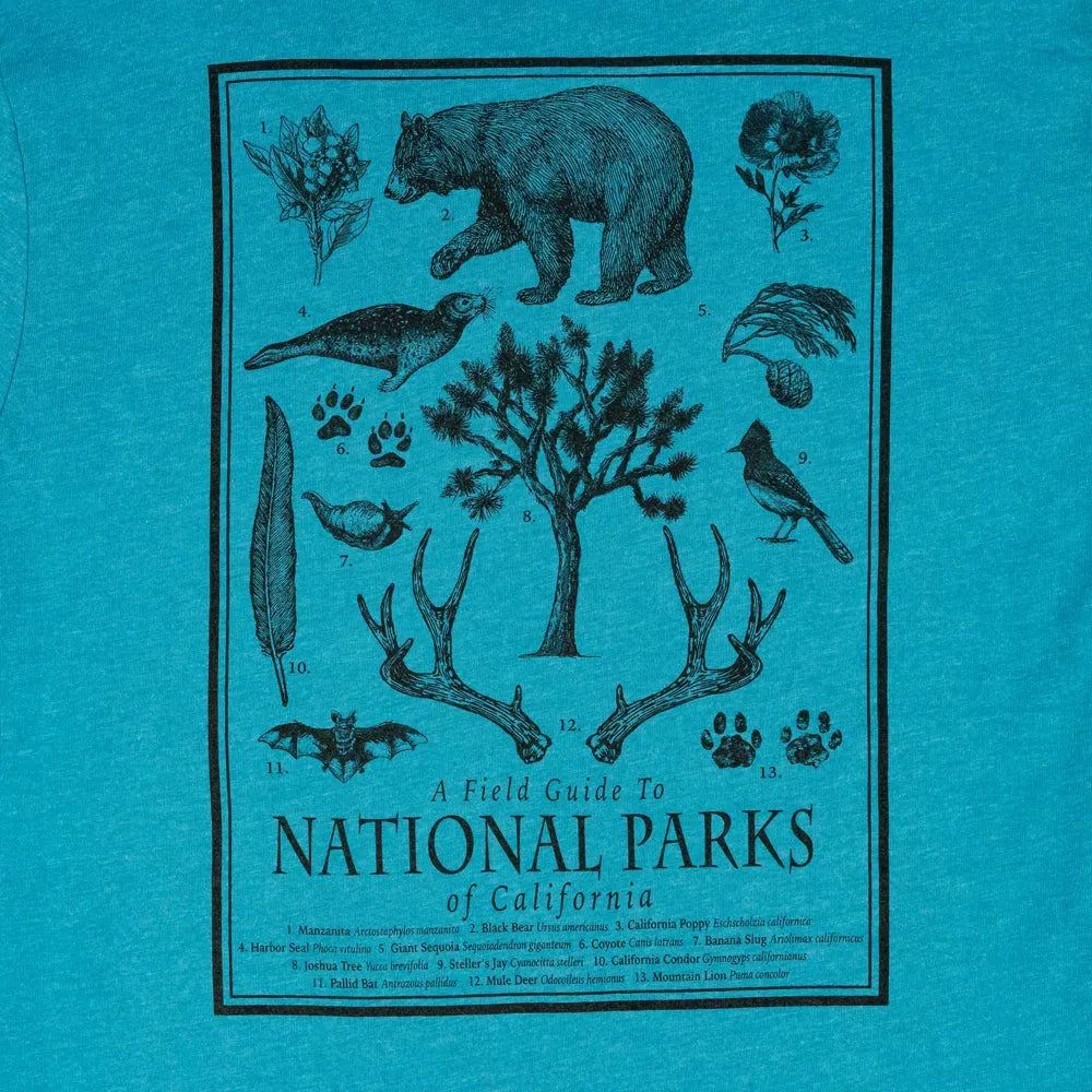 Blue t-shirt with black illustrations and text about National Parks of California on a blue background