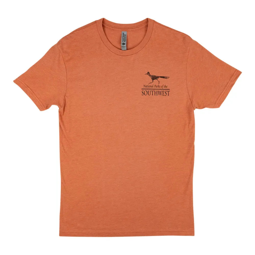 Orange t-shirt with a National Parks of the Southwest logo and text on a white background
