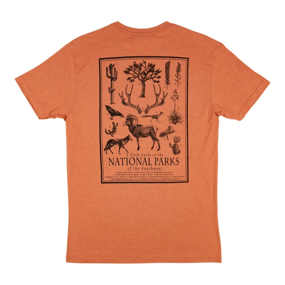 Orange t-shirt with national parks graphic on a white background