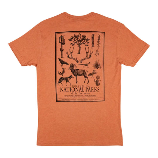 Orange t-shirt with national parks graphic on a white background