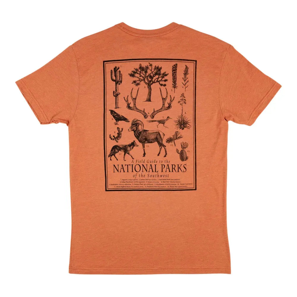 Orange t-shirt with national parks graphic on a white background