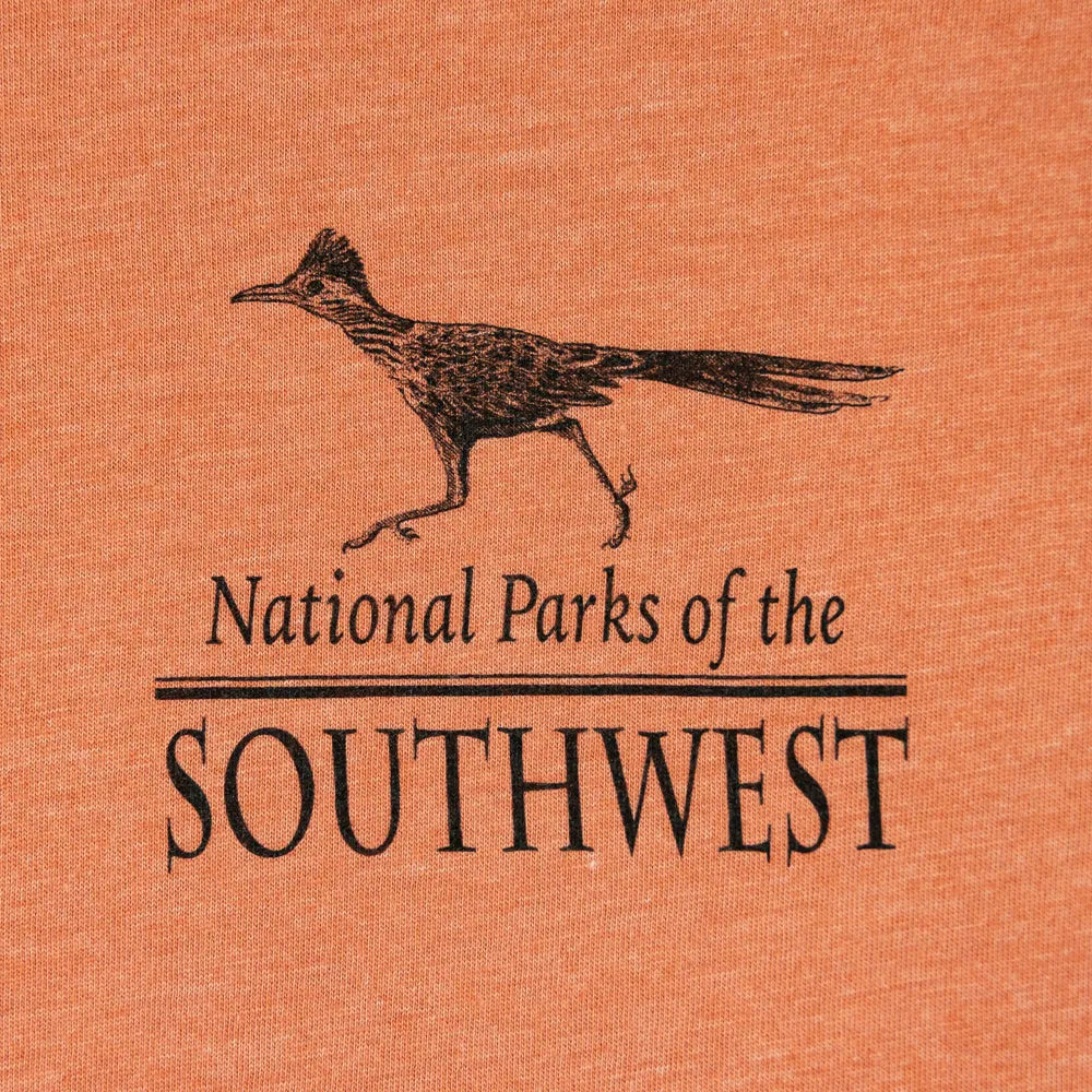 Logo for National Parks of the Southwest with a bird illustration on an orange background