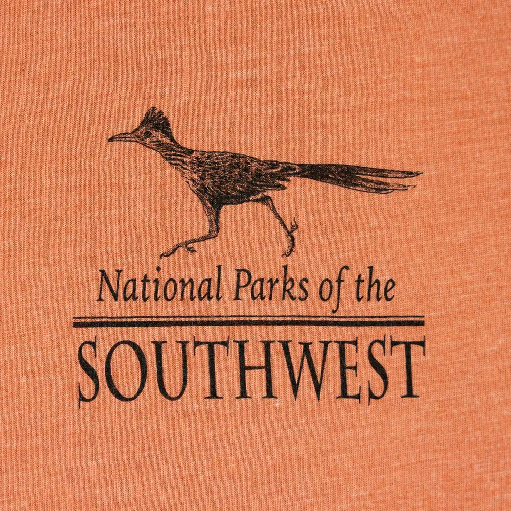 Logo for National Parks of the Southwest with a bird illustration on an orange background