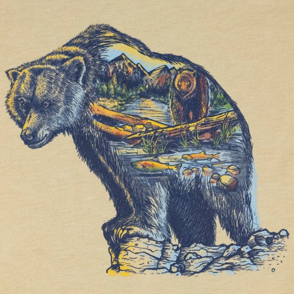 Grizzly Bear print image detail on a heather tan T-shirt