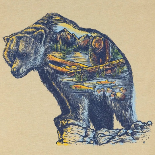 Grizzly Bear print image detail on a heather tan T-shirt