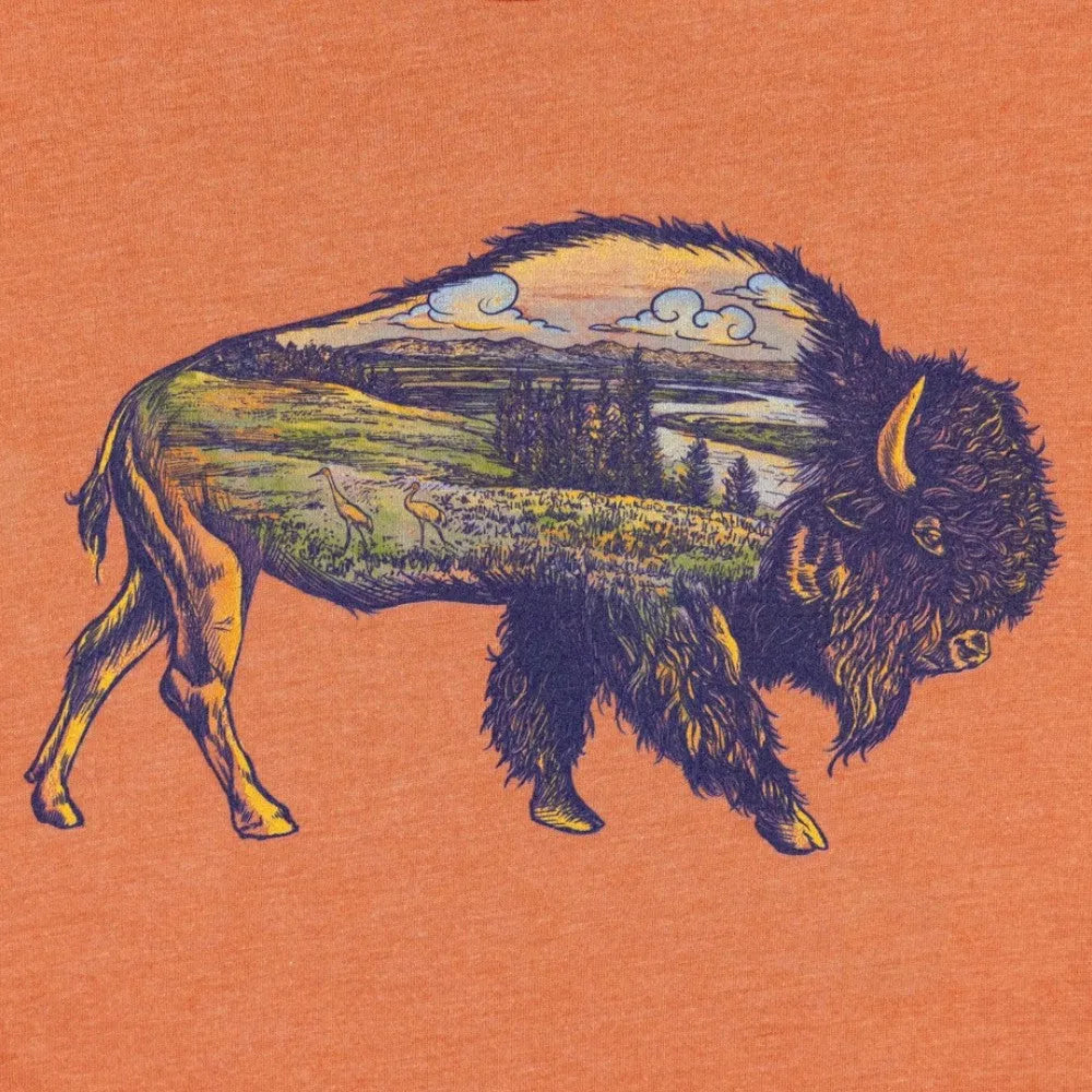 Icons of the West Bison print detail on a heather terra cotta shirt