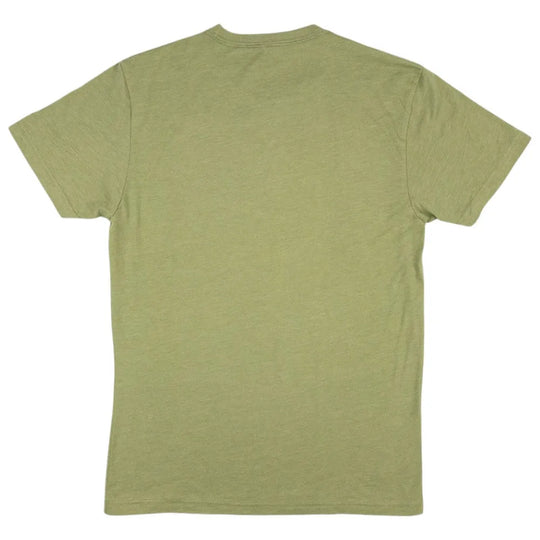 Heather green T-shirt back on a white background.