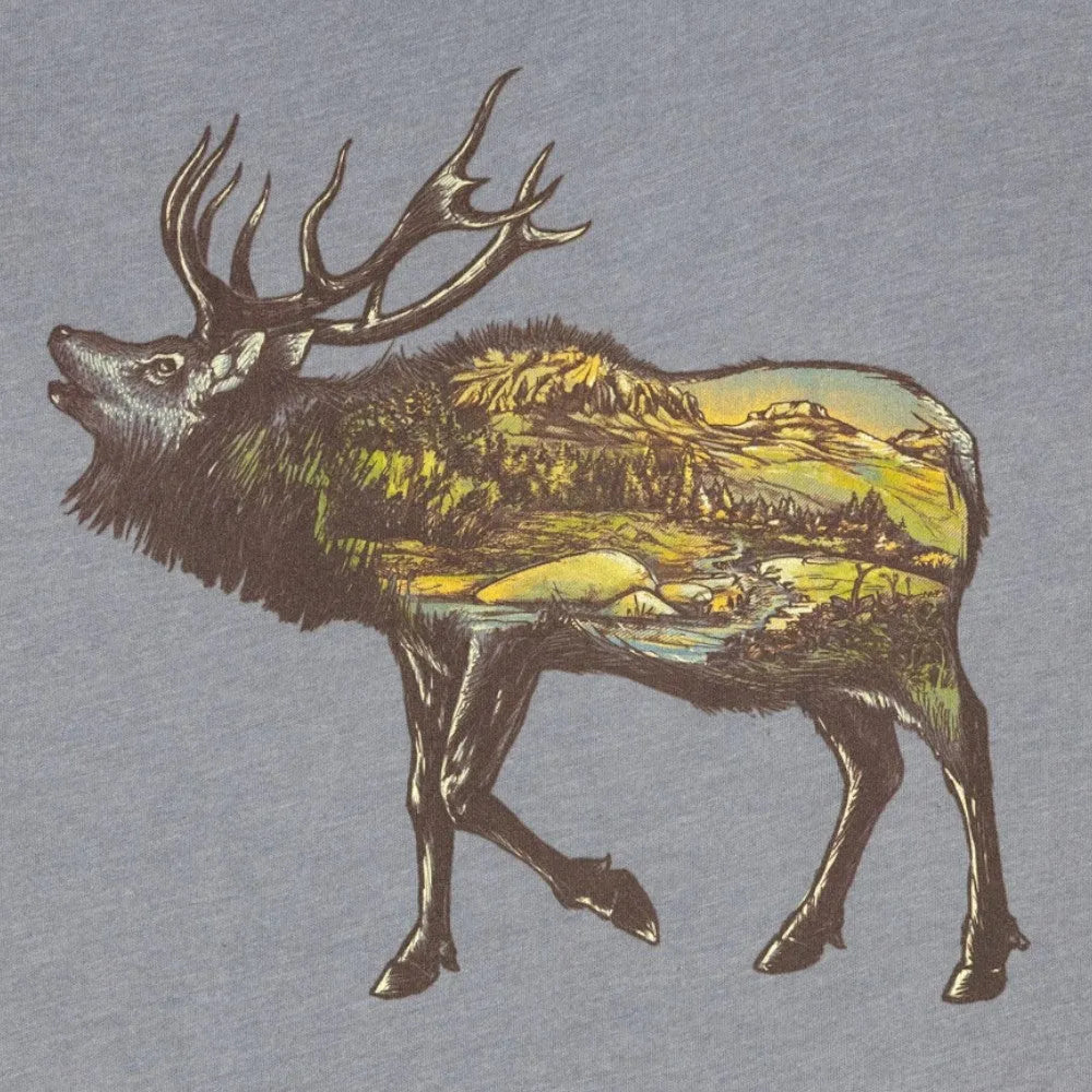 Icons of the West Elk T-Shirt print detail on a heather blue fabric