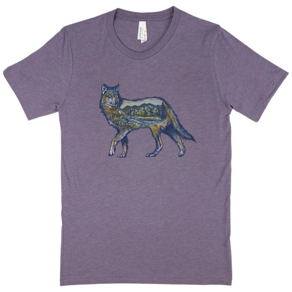 Heather purple Icons of the West T-Shirt - Wolf front view on a white background