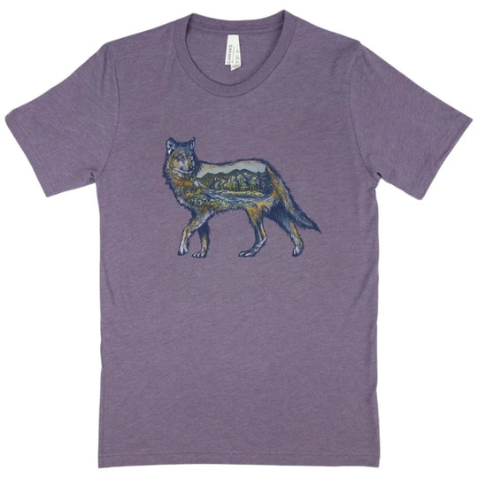 Heather purple Icons of the West T-Shirt - Wolf front view on a white background