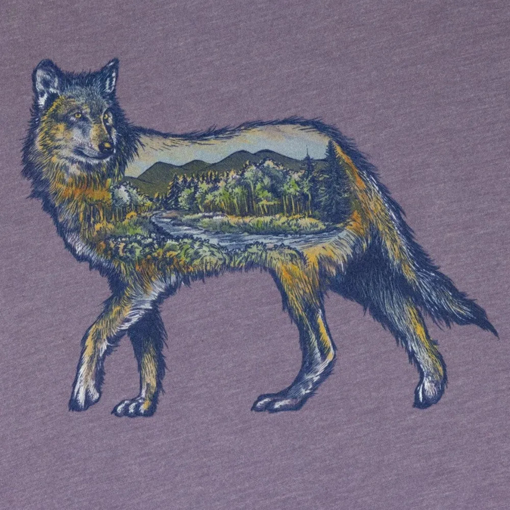 Print detail of the Icons of the West Wolf logo on a heather purple T-Shirt