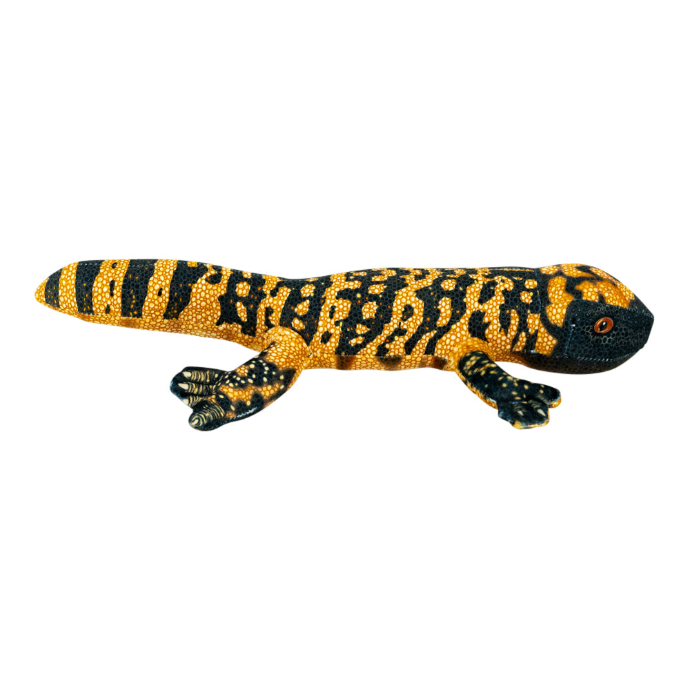 Plush toy reptile with a textured yellow and black spotted pattern, shown against a plain white background.