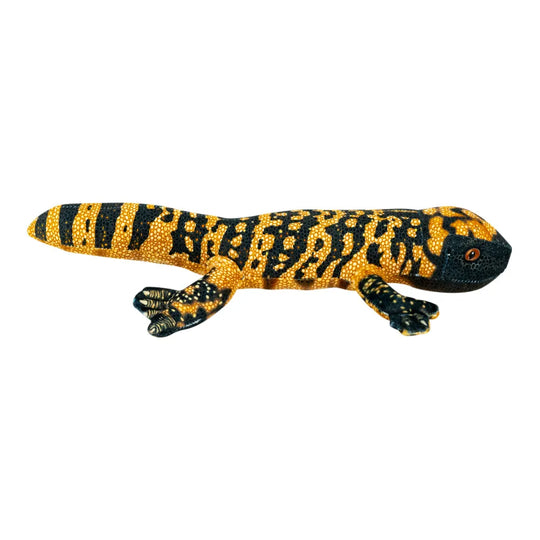 Plush toy reptile with a textured yellow and black spotted pattern, shown against a plain white background.