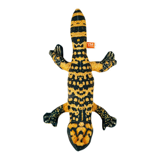 A plush toy lizard covered in black and yellow patterns, shown on a plain white background.