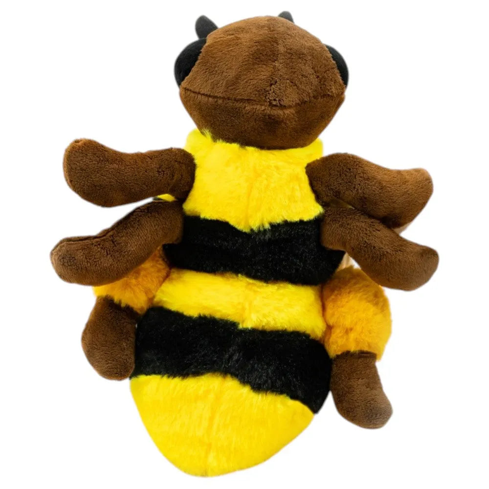 Plush bee toy with brown, black, and yellow colors on a white background