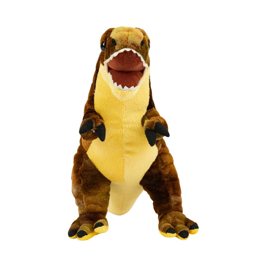A plush toy T-rex dinosaur standing upright, featuring brown and yellow fur-like fabric with black claws and a wide open mouth showing white teeth and a reddish-brown interior, isolated on a white background.