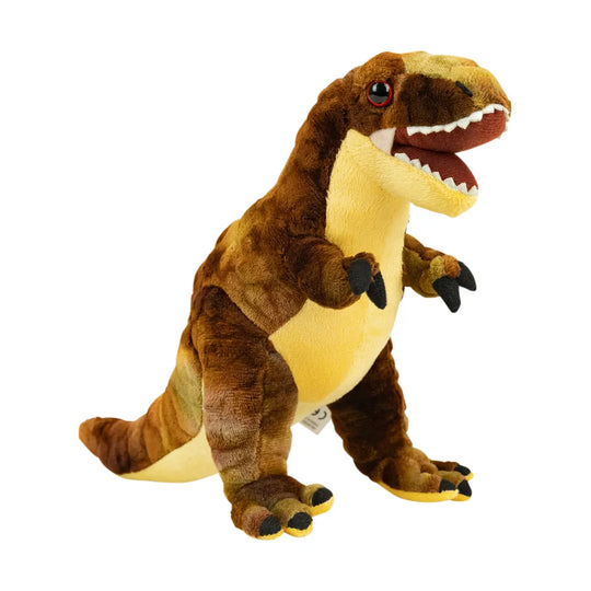 A plush Tyrannosaurus Rex toy in brown and yellow, with an open mouth showing white teeth, photographed on a solid white background.