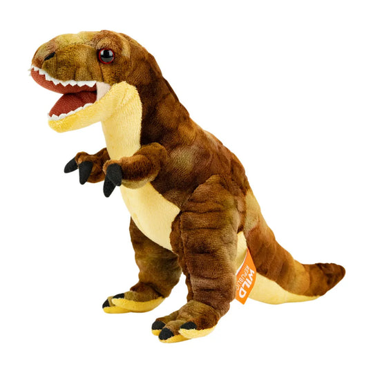 A brown and beige plush Tyrannosaurus Rex toy with an open mouth showing white teeth and a red interior, photographed on a clean white background. An orange tag on the tail reads &