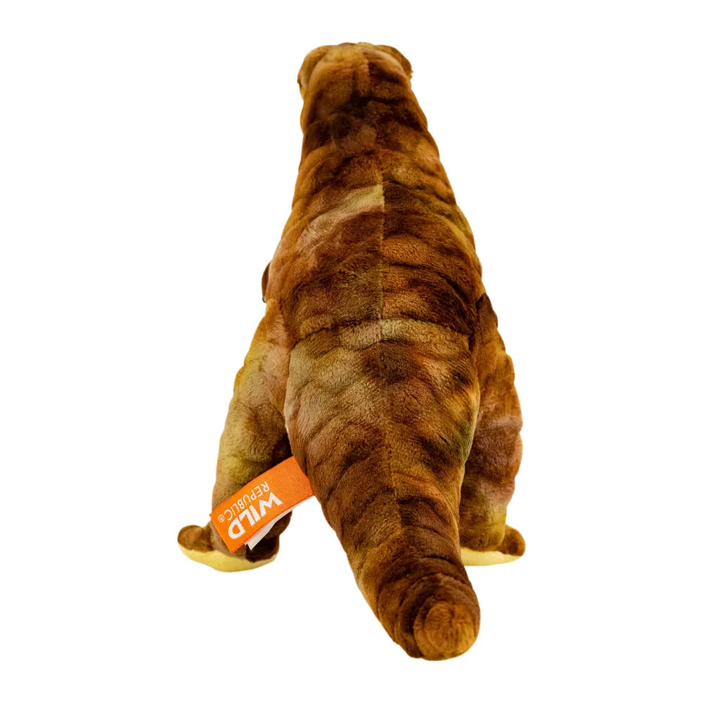 A brown plush toy shown from behind on a plain white background, with an orange tag that reads &