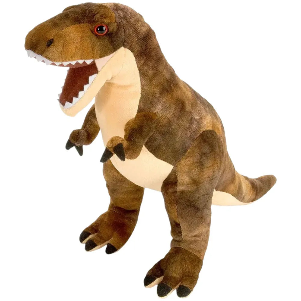 Plush dinosaur toy resembling a T-Rex on a white background