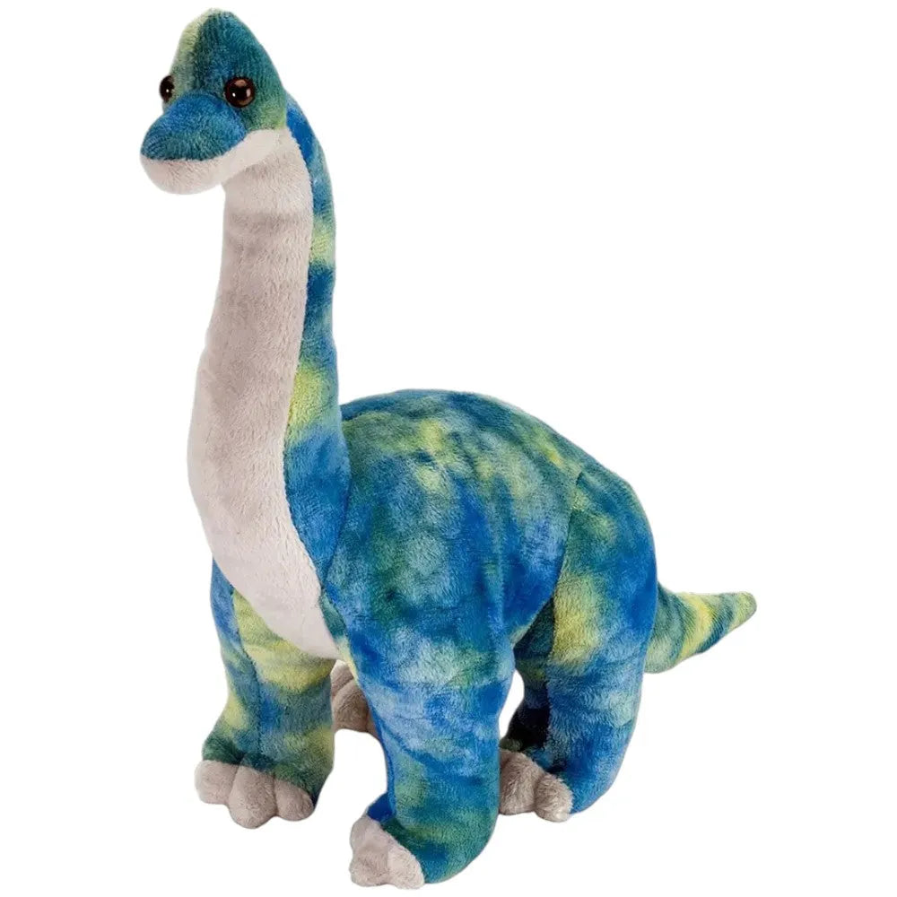 Plush dinosaur toy with blue and green pattern on a white background