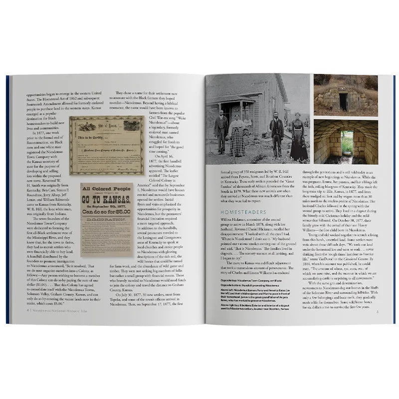 Book open to a page with text and historical images on a white background