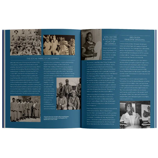 Open book with historical photographs and text on a white background