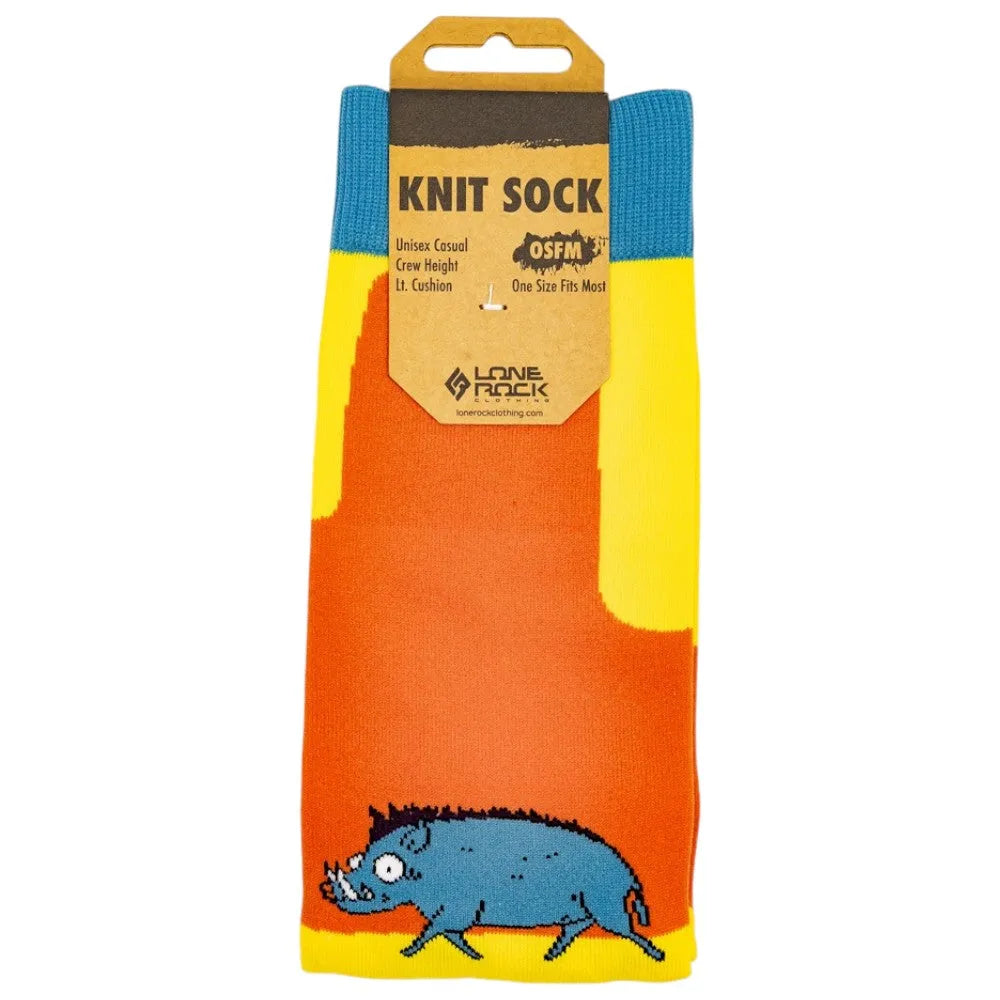Blue, yellow, and orange knit socks with cartoon javalina design in packaging on a white background