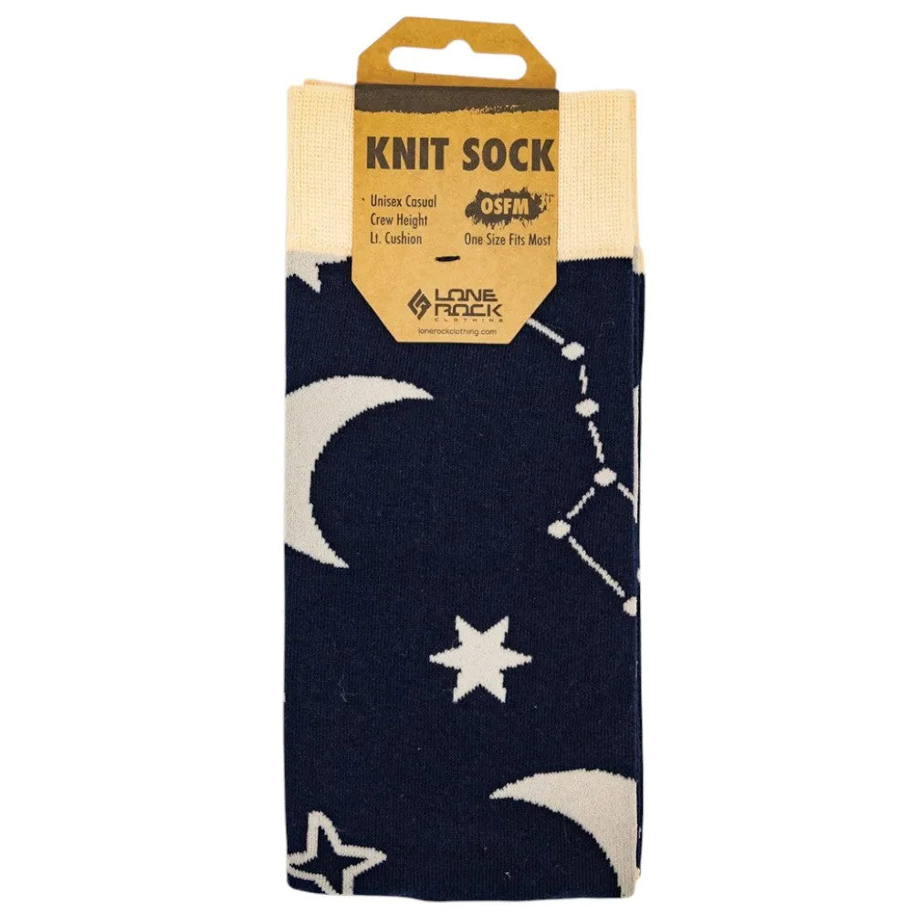 Knit sock with star and moon pattern in packaging on a white background