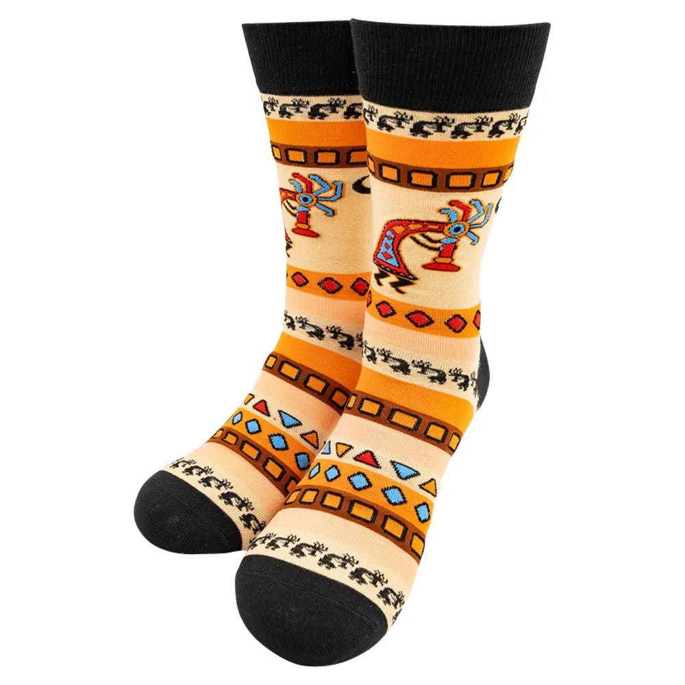 Colorful kokopelli patterned socks with black toes and heels on a white background