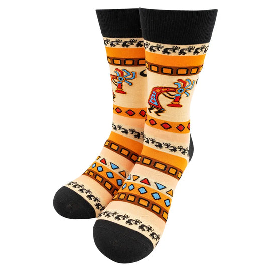 Colorful kokopelli patterned socks with black toes and heels on a white background