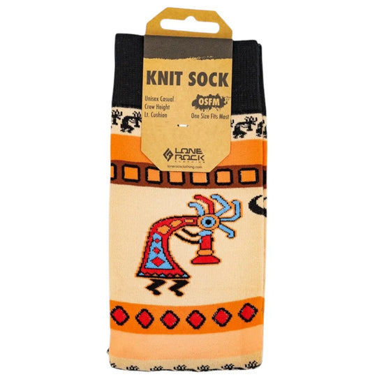 Knit sock with Native American design packaging on a white background