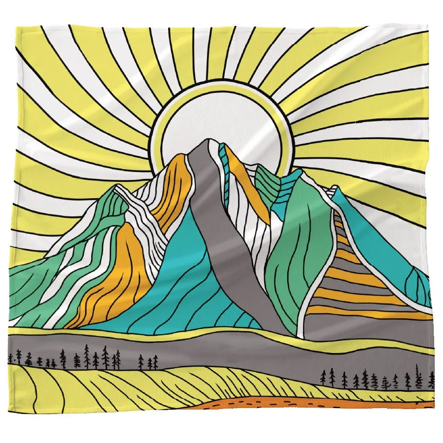 Colorful mountain scene bandana with a sun in the center on a white background