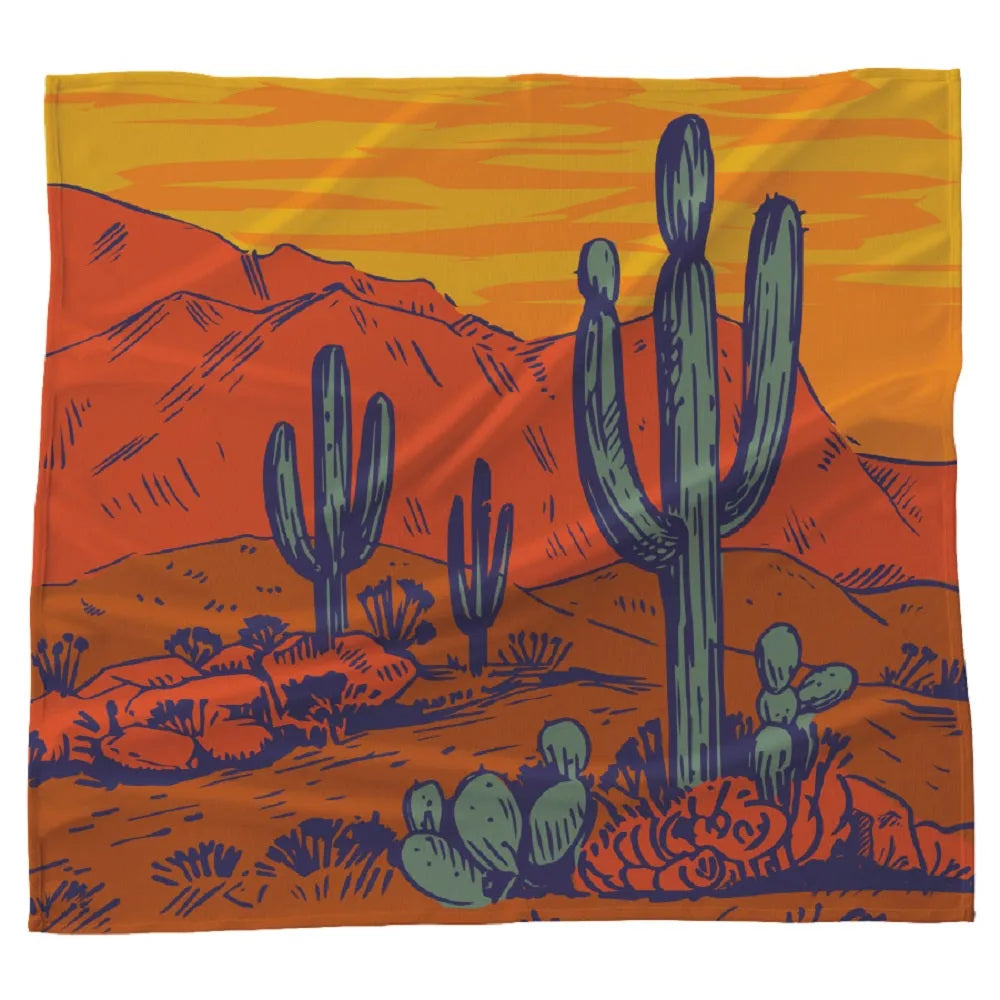 Bandana featuring a desert landscape with cacti on a colorful background displayed on a white background