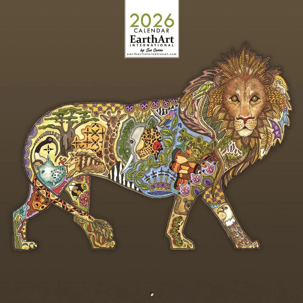 Decorative lion design on a brown background with '2026 Calendar EarthArt International' text.