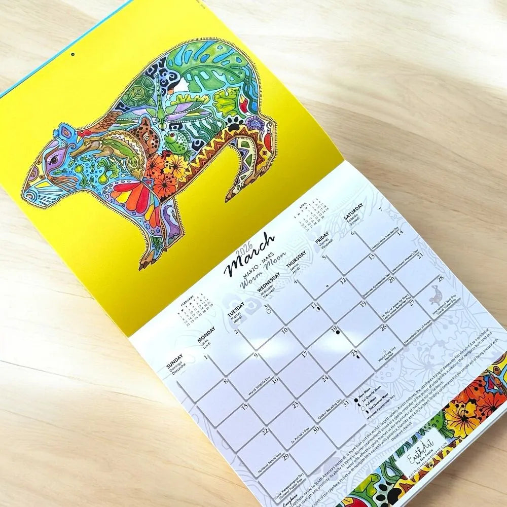 Calendar with a colorful capybara design on a yellow background