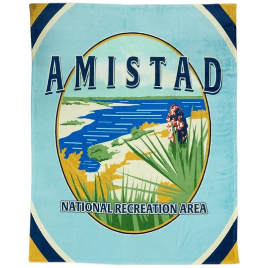 Amistad National Recreation Area blanket with scenic illustration on a blue background