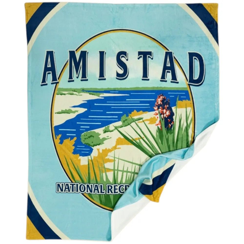 Amistad National Recreation Area blanket with scenic illustration on a blue background