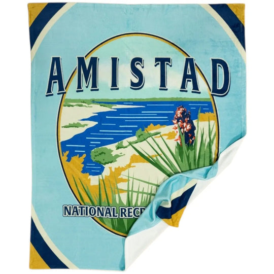 Amistad National Recreation Area blanket with scenic illustration on a blue background