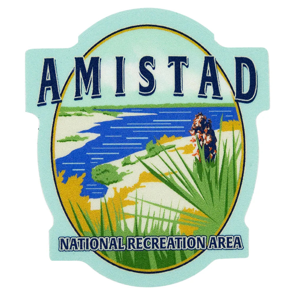 Sticker of Amistad National Recreation Area with scenic design on a light blue background