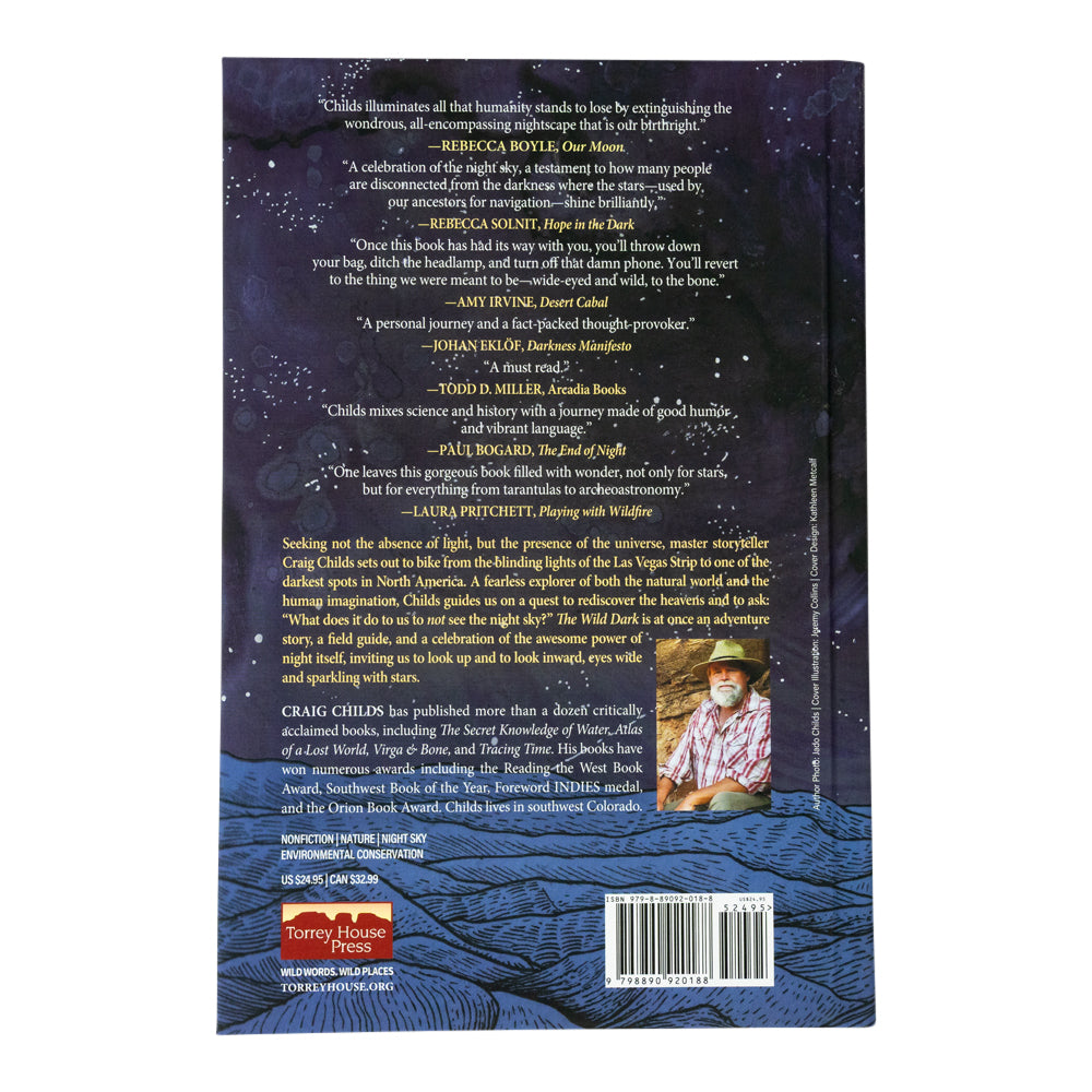 The back cover of the book 'Childhood' by Claryx Children, featuring a dark blue textured background with glowing star-like patterns, glowing text, glowing quotes, and a small color photo of the author in a field at night.
