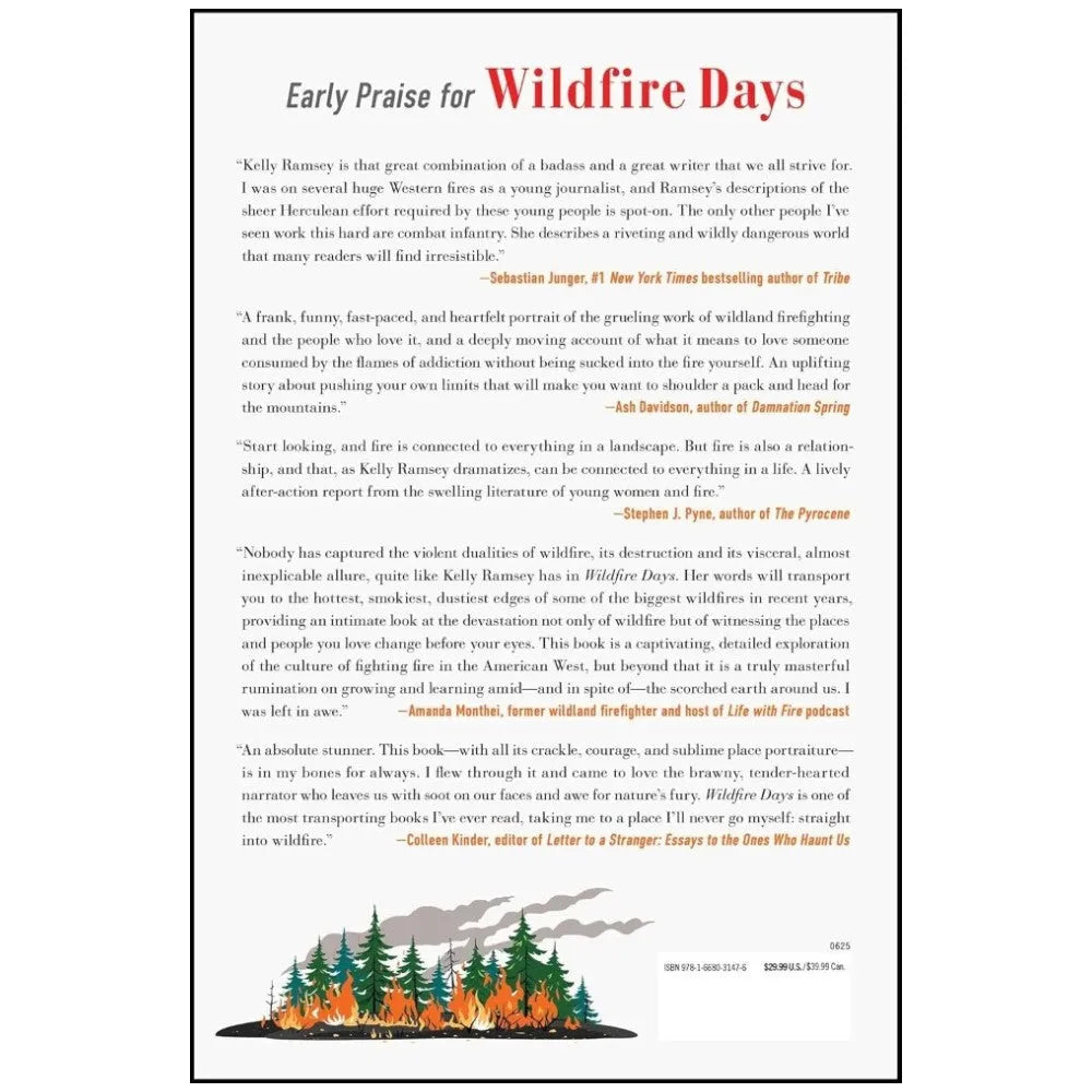 Book page with early praise for 'Wildfire Days' by Kelly Barnes, featuring text and a small illustration of a wildfire.