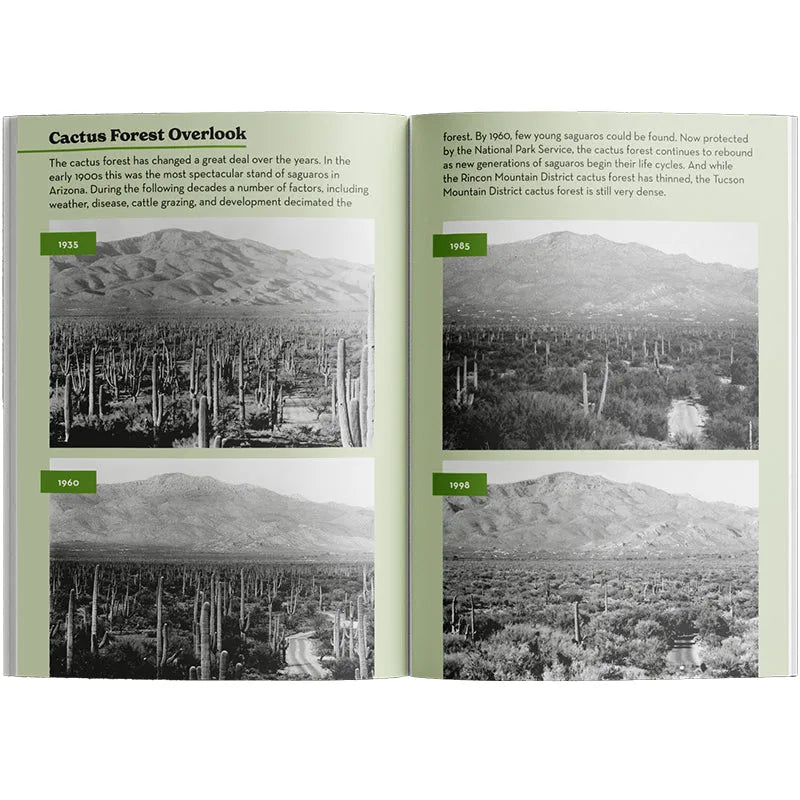 Book open to a page about cactus forest changes over time with black and white photos.