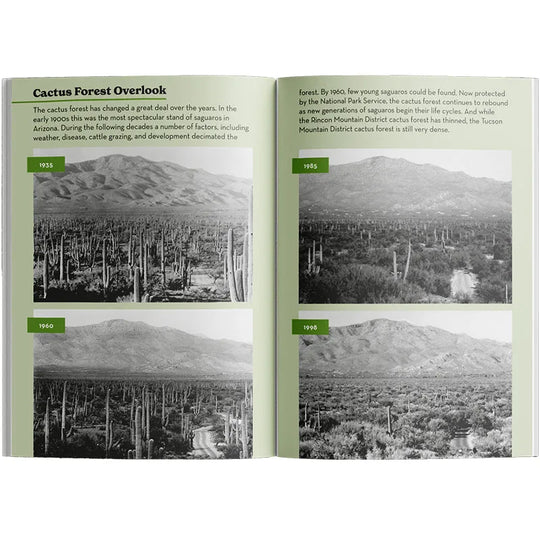 Book open to a page about cactus forest changes over time with black and white photos.
