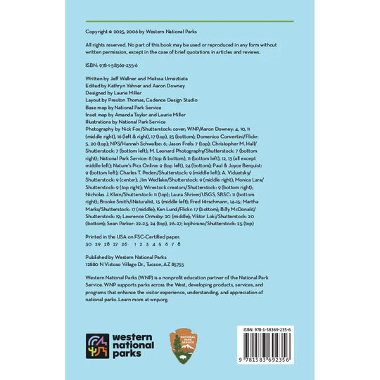 Back cover of a book with text, logos, and a barcode on a light blue background