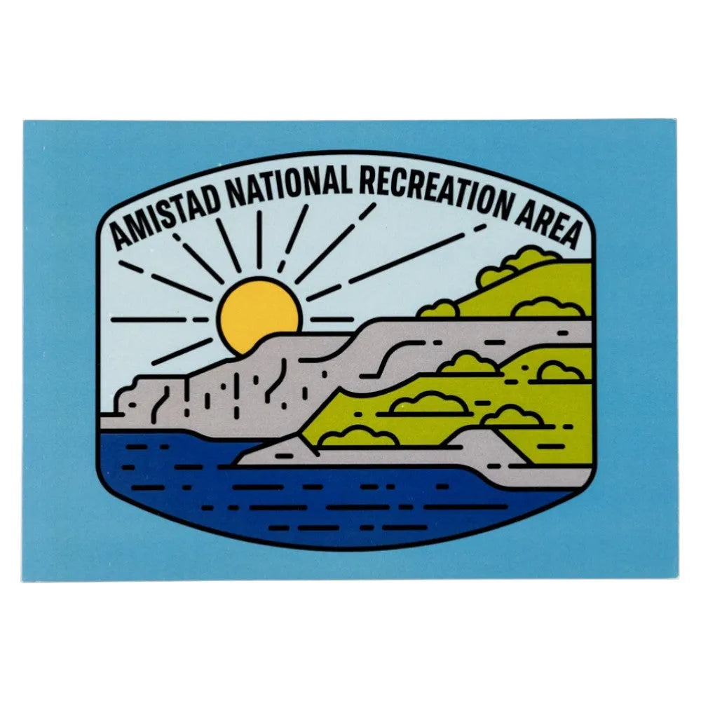 Postcard featuring Amistad National Recreation Area logo on a blue background