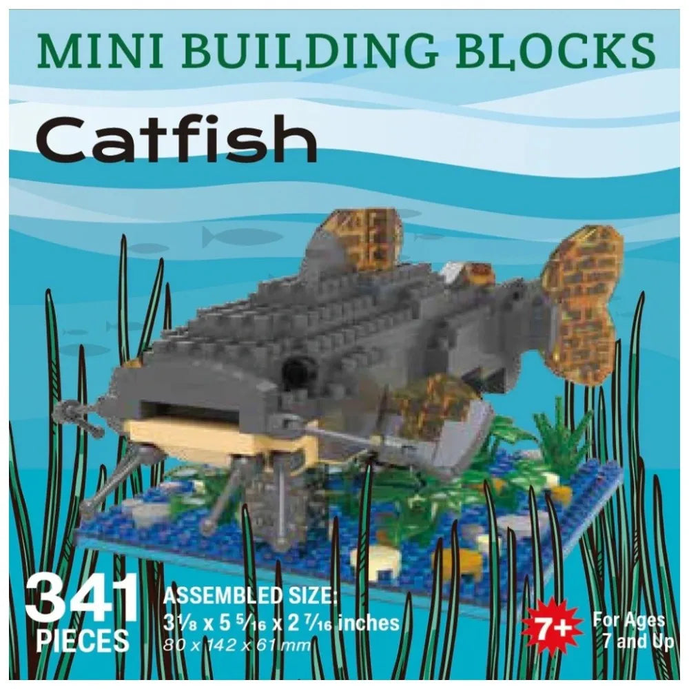 Catfish building block set packaging with assembly instructions and product details.