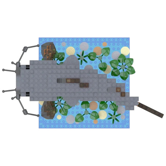 Top view of a toy catfish made from interlocking building blocks on a white background
