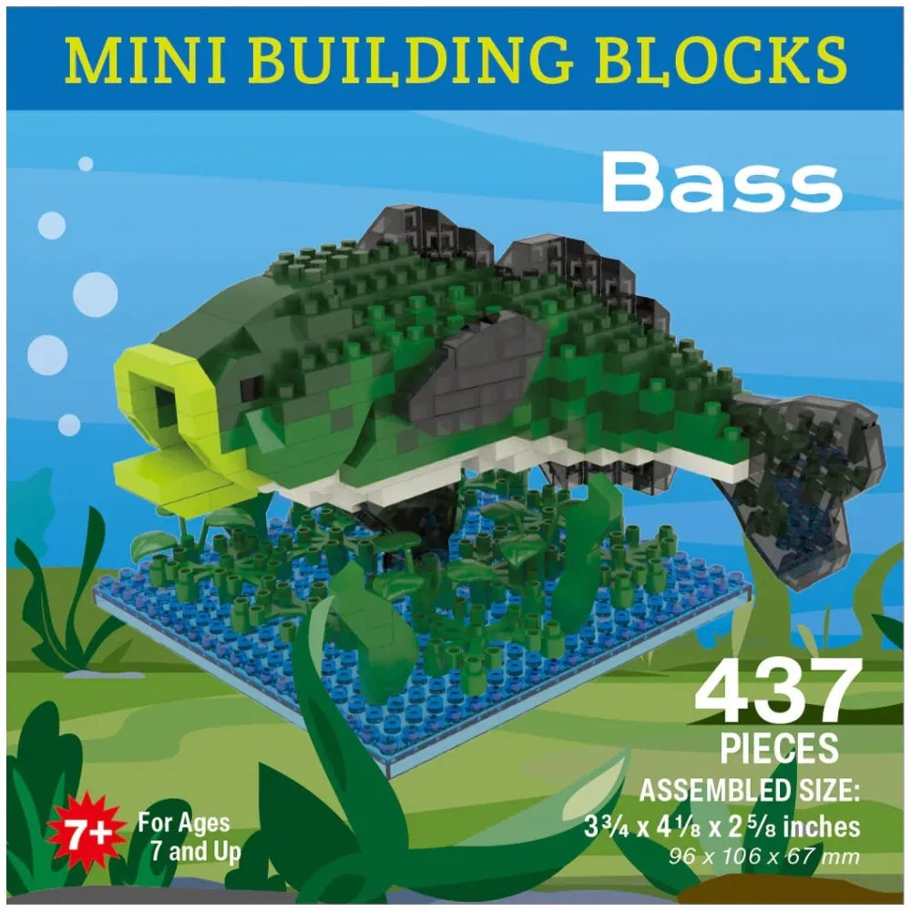 Mini building blocks set shaped like a bass fish on a blue background