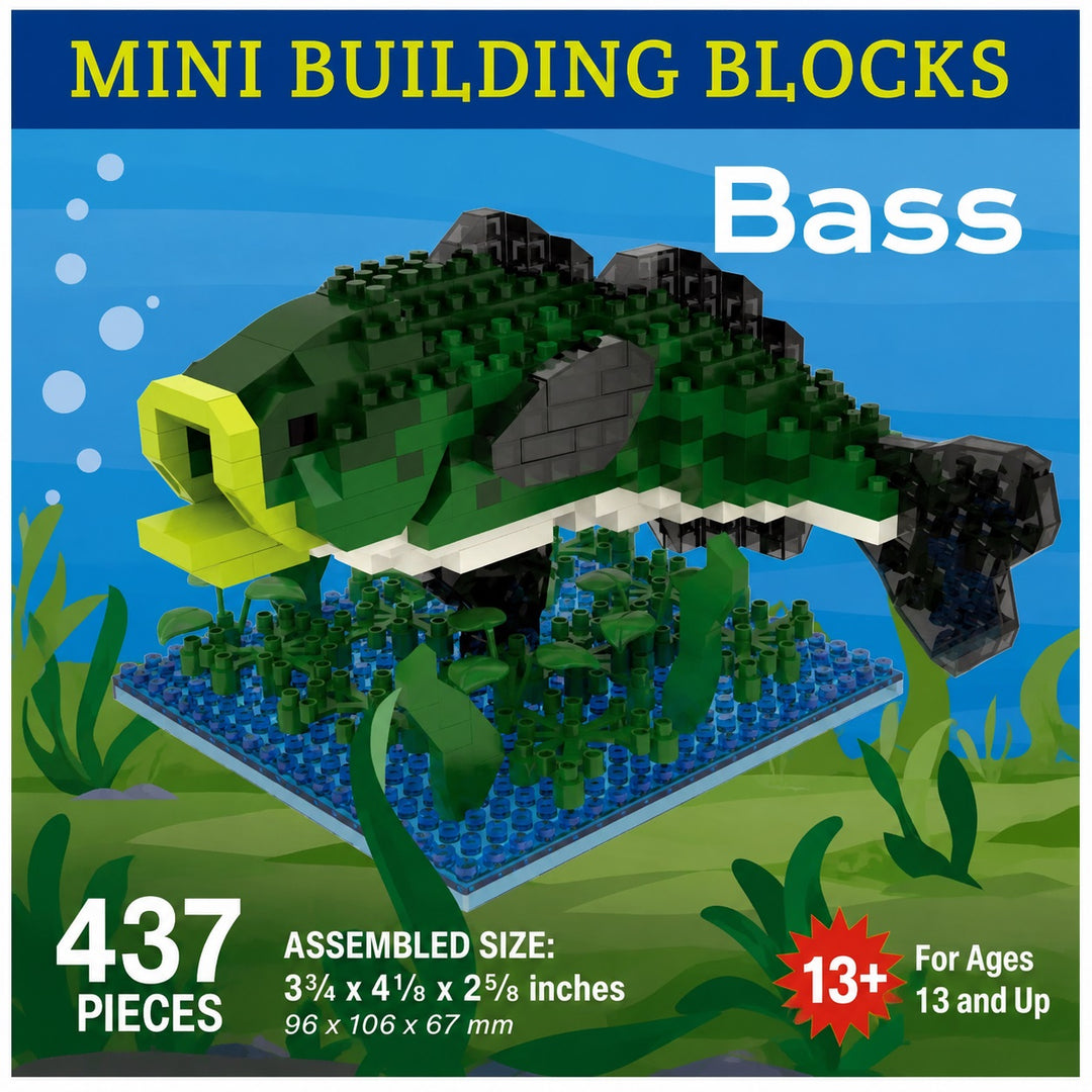 Mini building blocks set featuring an assembled green and black bass fish on a blue underwater baseplate, with text reading 'MINI BUILDING BLOCKS', 'Bass', '437 PIECES', and 'For Ages 13 and Up'.